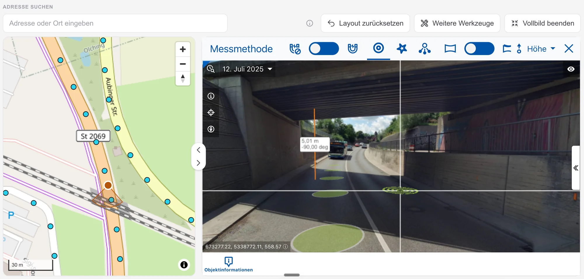 Die Vermessungskarte: Karte mit Aufnahmepunkten und 360°-Bild einer Unterführung, ihre Höhe gemessen